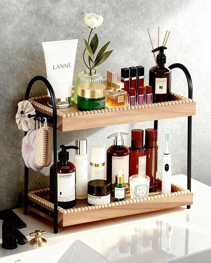 2-Tier Perfume & Makeup Organizer with 8 Jewelry Hooks, Eco-Coated Paulownia Wood Vanity Tray for Bathroom, Coffee Bar & Dresser - Large Storage Shelf for Skincare Bottles (Light Brown & Black)