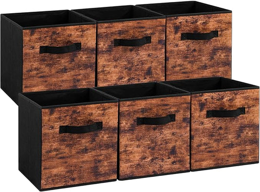 Stero Fabric Storage Cubes, 6 Pack Foldable Storage Bins with Handle, 11.8 Inch Box for Shelves, Closet, Organizer, Rustic Brown and Black