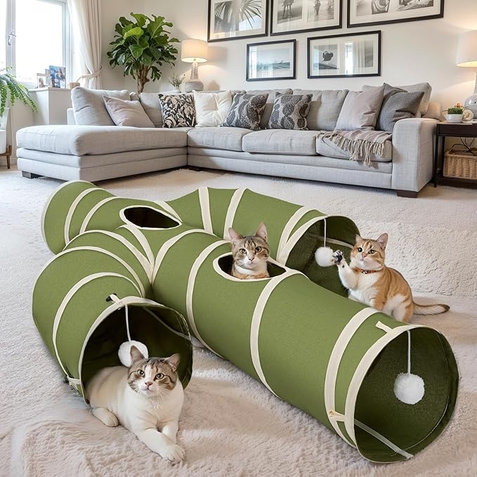 Ownpets Cat Tunnel Large 12 inch Diameter, Cactus-Shaped Cat Tunnel Toy, Sturdy Oxford Fabric Collapsible Cat Tunnels for Indoor Cats, Interactive Peek Hole Pet Tunnel Tube with Cat Wand Toy, Green