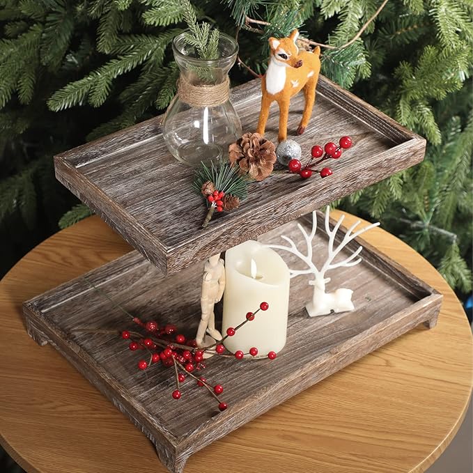 Farmhouse Tiered Tray Stand - Wooden Rustic 2 Tier Rectangular Tray Serving Stand for House Kitchen Cake(Brown)
