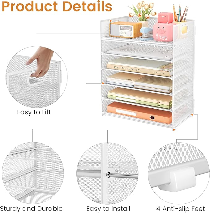 Subekyu 6 Tier Paper Organizer for Desk with Handle, Metal Mesh Desk Office File Folder Paper Letter Tray Accessories Organizer Sorter for Home, School, Office Desktop Document Organization - White