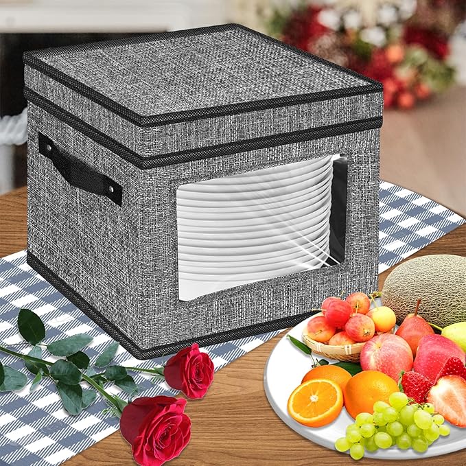 homyfort China Storage Containers With Lid and Handles, Dinnerware Storage Box for Dishes with 12 Felt Dividers, Hold 24 Plates, 12x 12, Set of 2, Grey