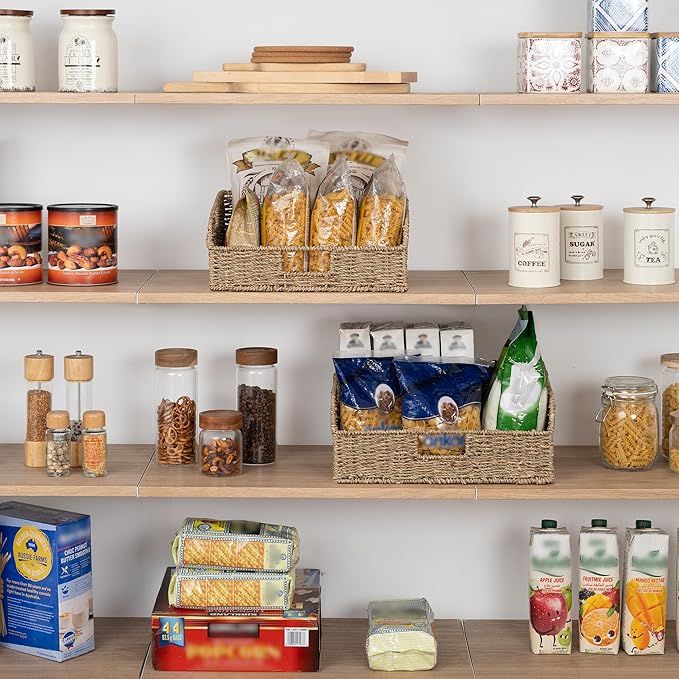 StorageWorks Pantry Baskets for Organizing, Seagrass Storage Baskets for Shelves with Built-in Handles, Pantry Organizers and Storage, Set of 2 (Large and Medium)