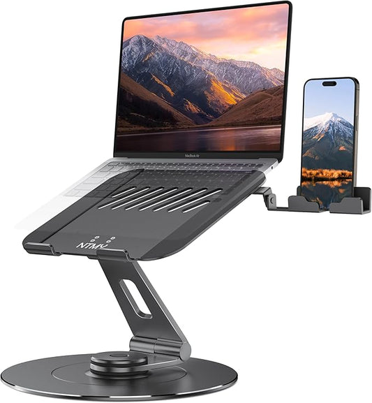 Adjustable Laptop Riser, 360 Rotating Stand with Phone Holder, Foldable for Desk, Ergonomic for MacBook & All Notebooks up to 17.3 inches - Grey