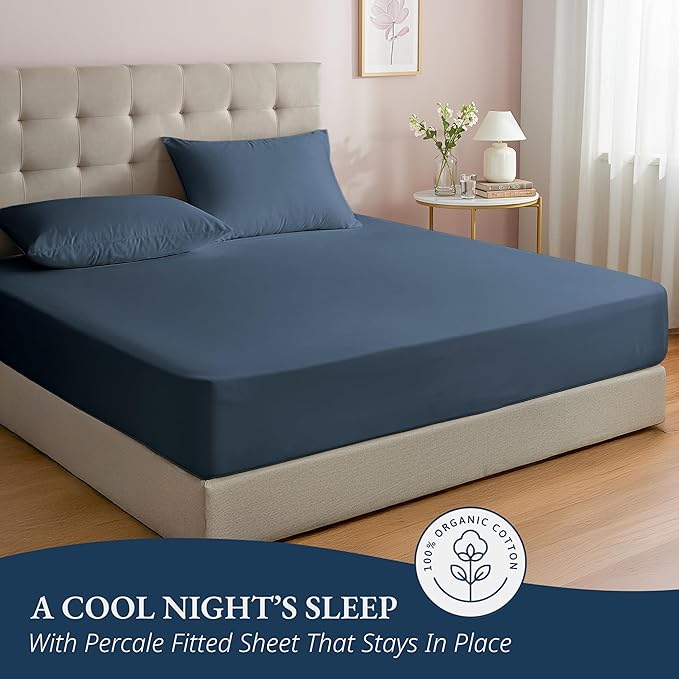 LANE LINEN Full Size Fitted Sheet, 100% Organic Cotton, 3Pc Set (1 Fitted Sheet,2 Pillowcases), Percale Weave, Bottom Sheet, Breathable, Fits Mattress Upto 15" Deep - Navy(No Flat Sheet)