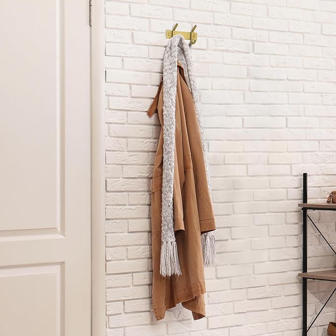 Brushed Gold Small Coat Rack Wall Mount – 6 Inch Stainless Steel Rail with 2 Double Coat Hooks for Entryway, Bathroom, Bedroom, Kitchen – Modern Gold Hook Rack for Coats, Hats, Towels - 2 Pack