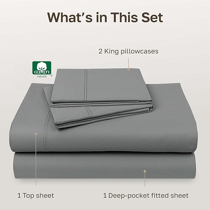 California Design Den Luxury King Size Sheet Set - 100% Cotton, 600 Thread Count Deep Pocket King Sheets, Hotel-Quality Bedding with Sateen Weave - Mist Grey
