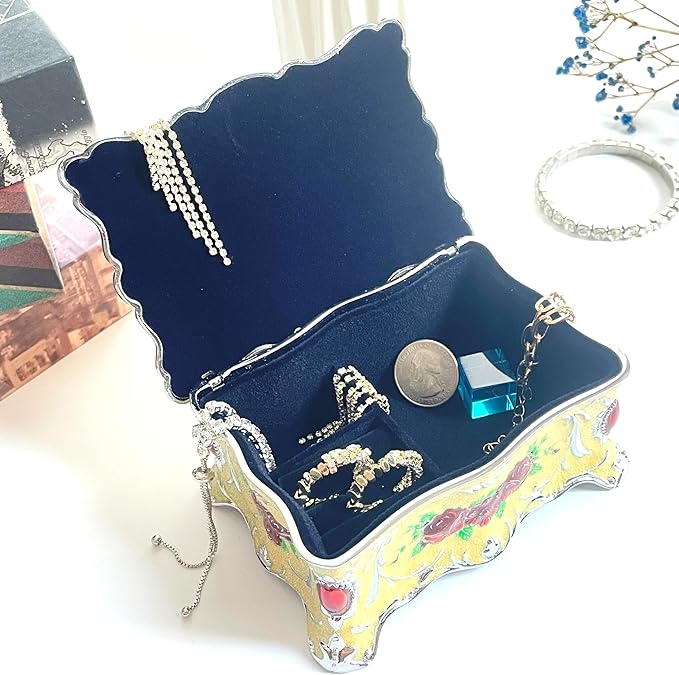 Truewon Jewelry Chest Rose Pastoral Style Metal Box Trinket Vintage Trinket Gemstone Storage Tray Treasure Souvenir Gift Case for Girls Women (Chrome Starshine Yellow, Medium)