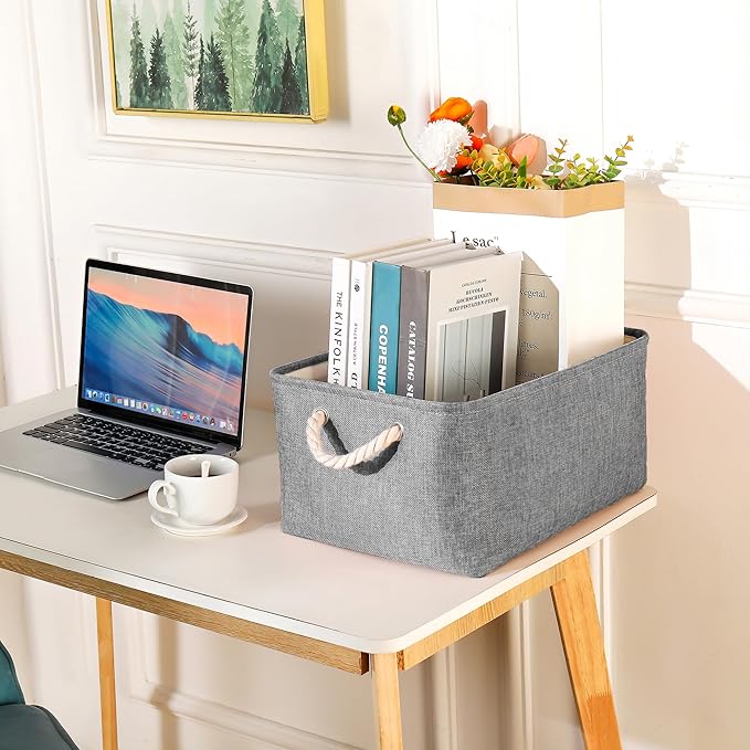 Storage Bins with Sturdy Cotton Handles(1 Pack), Fabric Storage Baskets for Organizing use for Office & Home, Book, Clothes, Toys, Closet Boxes (Small, Grey, 12.2x8.3x6.3 inches)
