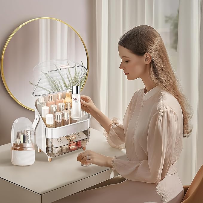 TooCust Cosmetic Display Case with Brush Holder - Makeup Box with Transparent Drawers and Cover, Potable Skin Care Storage Organizer with Handle, Dust Proof Makeup Organizer for Vanity, White & Gold