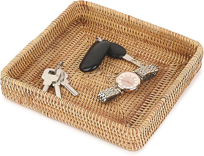 Hipiwe Key Basket Tray for Entryway Table Rattan Serving Tray Handwoven Wicker Baskets Vanity Trays Square Decorative Fruit Trays for Kitchen Counter Bedside Living Room Bathroom, 8.1"