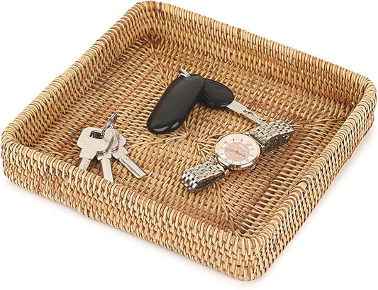 Hipiwe Key Basket Tray for Entryway Table Rattan Serving Tray Handwoven Wicker Baskets Vanity Trays Square Decorative Fruit Trays for Kitchen Counter Bedside Living Room Bathroom, 8.1"