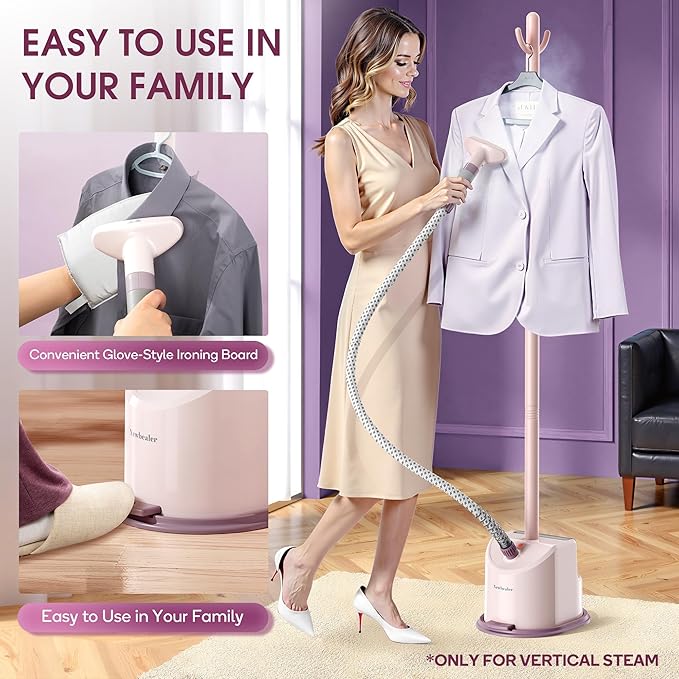 Newbealer Standing Garment Steamer - 1500W Full-Size Vertical Clothes Steamer with Foot Pedal, 57.5oz (1.7L) Large Water Tank, 45s Fast Heat-Up, 50-Min Powerful Steaming, Auto-Off (Pink)