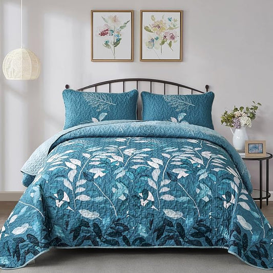 WONGS BEDDING Quilt Set Queen Size,3 Pieces Teal Floral Botanical Leaves Bedspread Coverlet Set with 2 Pillowcases for All Season, Soft Microfiber Floral Bedding Set 96"×90"