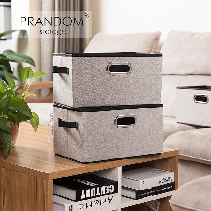 PRANDOM Fodable Storage Bins for Closet [3-pack] Decorative Fabric Storage Baskets Cubes with Leather/Metal Handles for Shelves Bedroom Living Room Light Grey (11.5x8.5x6.7 Inch)