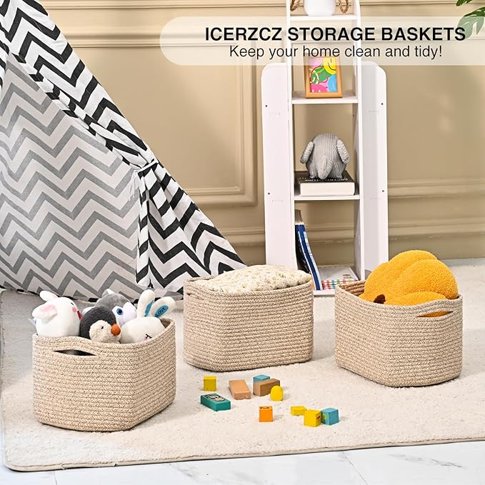 Small Storage Baskets for Shelves Organizing, Woven Cotton Rope Baskets for Storage, Book Basket, Decorative Shelf Basket, 12.5"Lx9.1''Wx7.9''H (4 Packs) Brown