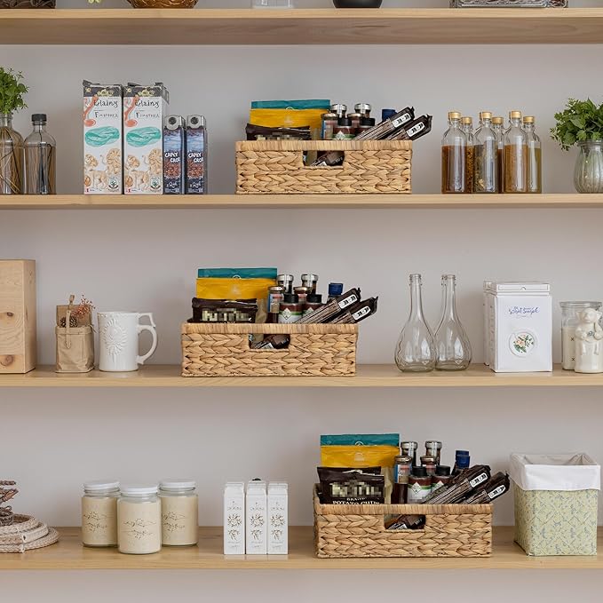 StorageWorks Pantry Baskets, Wicker Storage Baskets for Organizing, Shelves, Pantry Organizers and Storage, Water Hyacinth, 15½"L x 11¾"W x 4 ¾"H