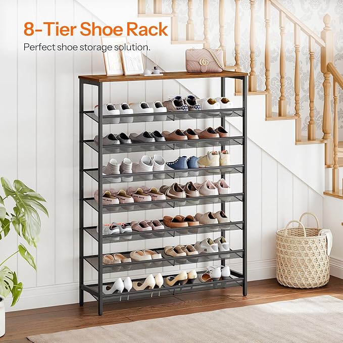 HOOBRO 8 Tier Shoe Rack, 39.4"L Shoe Shelf, Large Capacity Shoe Storage Organizer for 30+ Pairs of Shoes, Front Door Entrance, Entryway, Hallway, Closet, Space Saver, Rustic Brown and Black BF118XJ01