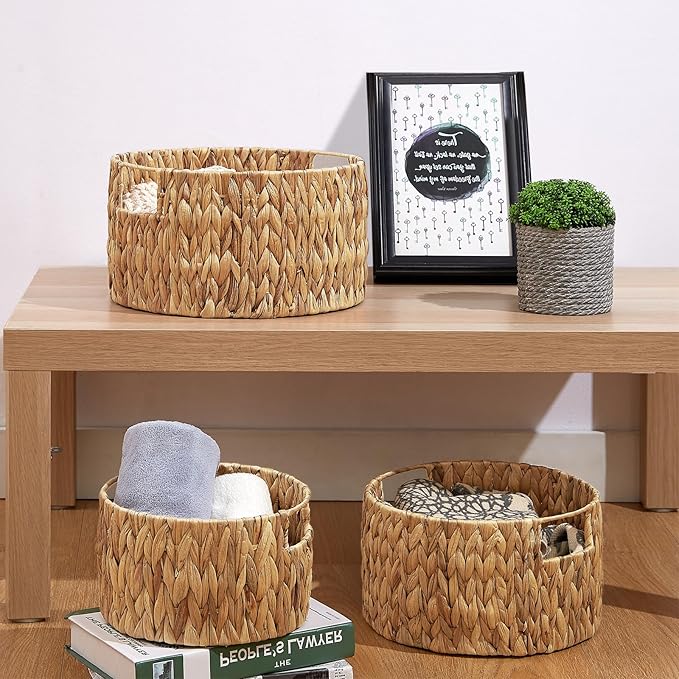 Vagusicc Wicker Storage Basket, Hand-Woven Water Hyacinth Large Round Woven Basket With Handles, Wicker Baskets for Organizing/Storage, 3-Pack