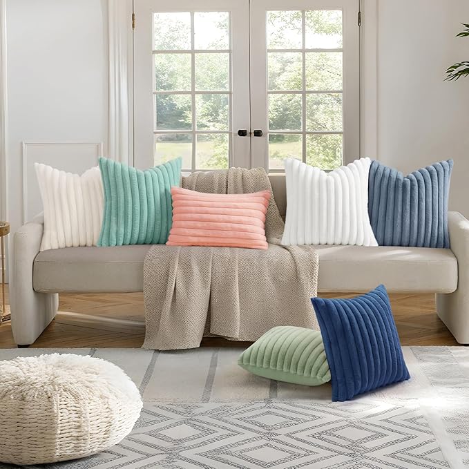 decorUhome Faux Fur Spring Throw Pillow Covers 18x18 Set of 2, Decorative Soft Plush Striped Neutral Couch Pillow Covers with Velvet Back for Sofa, Bed, Living Room Home, Aqua