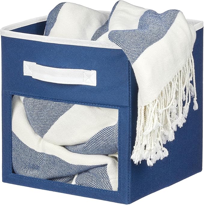mDesign Fabric Nursery/Playroom Closet Storage Organizer Bin Box with Front Handle/Window for Cube Furniture Shelving Units, Hold Toys, Clothes, Diapers, Bibs, Jane Collection, 4 Pack, Navy Blue/White