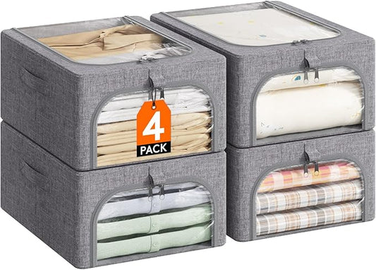 Lifewit Clothes Storage Bins with Metal Frame 3 Pack, Fabric Stackable Storage Bags with Lids, Zipper, Foldable Clost Organizers Containers for Clothing, Blanket, Winter Cloth, 25L