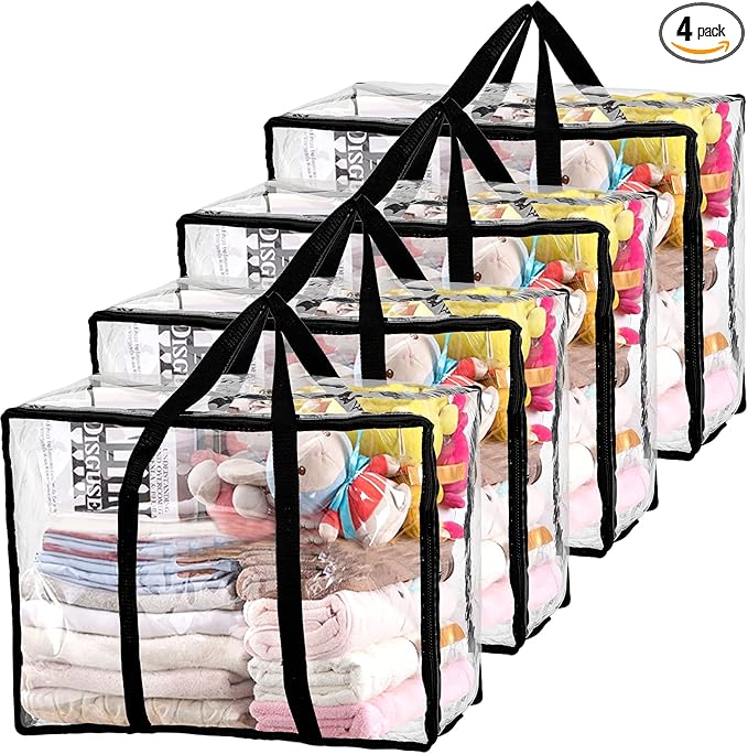 Fasmov 4 Pack Clear Clothes Storage Bag Organizer with Reinforced Handle, Closet Organizer Vinyl Bag for Bedding, Linen, Blankets, Duvet Covers, Comforters, Clothes & Toys