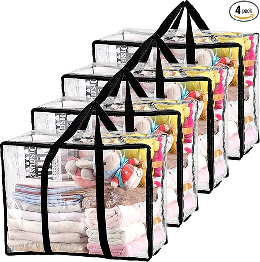 Fasmov 4 Pack Clear Clothes Storage Bag Organizer with Reinforced Handle, Closet Organizer Vinyl Bag for Bedding, Linen, Blankets, Duvet Covers, Comforters, Clothes & Toys