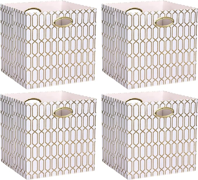 13x13x13 Storage Cube Bins, Collapsible Storage Bins Fabric Storage Cubes Organizer Baskets Box Drawers for Shelves, Closet, Wardrobe, Bookshelf, Cabinet, 4 Pack, White/Shiny Gold