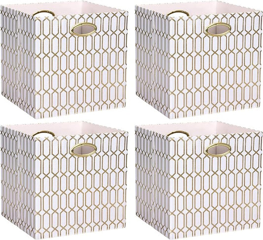 13x13x13 Storage Cube Bins, Collapsible Storage Bins Fabric Storage Cubes Organizer Baskets Box Drawers for Shelves, Closet, Wardrobe, Bookshelf, Cabinet, 4 Pack, White/Shiny Gold