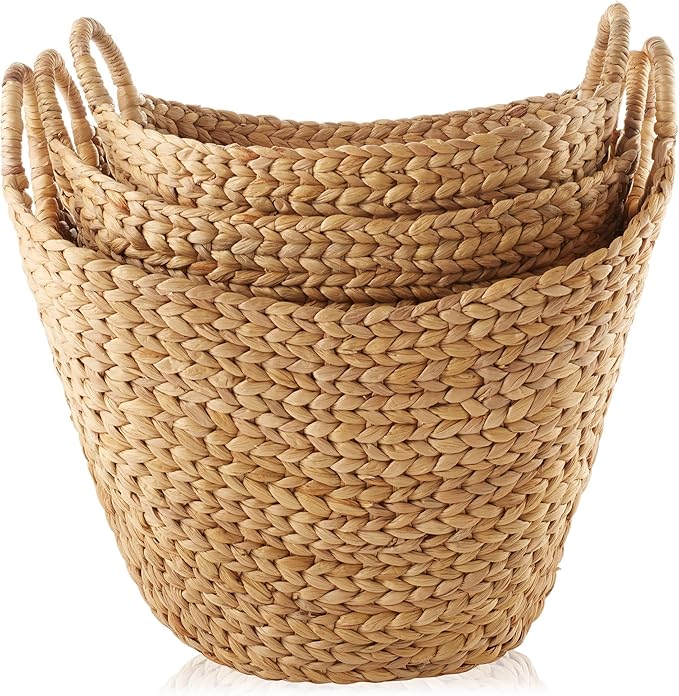 Casafield Set of 3 Multipurpose Boat Baskets with Handles - Natural, Woven Water Hyacinth Storage Organizers for Throw Blankets, Bedroom, Living Room, Laundry