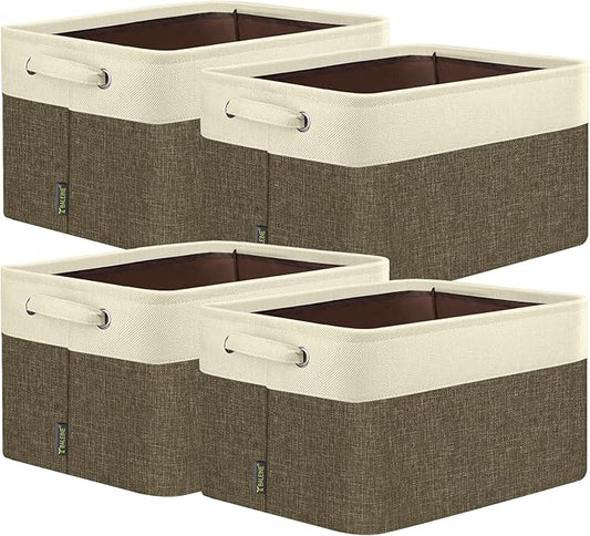 BALEINE 4 Pack Fabric Storage Bins for Shelves, Linen Storage Baskets for Organizing, Decorative Closet Bins for Clothes, Home (Brown, 14''x10''x8.5'')