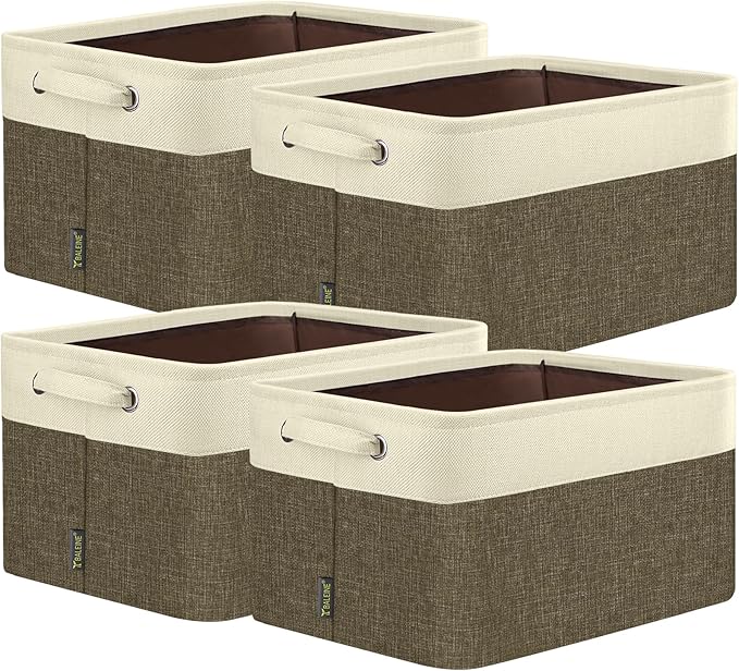BALEINE 4 Pack Fabric Storage Bins for Shelves, Linen Storage Baskets for Organizing, Decorative Closet Bins for Clothes, Home (Brown, 12"x8"x8")