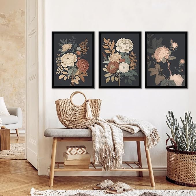 arfitest Vintage Floral Wall Art Dark Plant Canvas Wall Decoration Farmhouse Print Black Peony Painting Wall Decoration Moody Artwork For Living Room Bedroom 16x24 Inch Frame Three-Piece Set