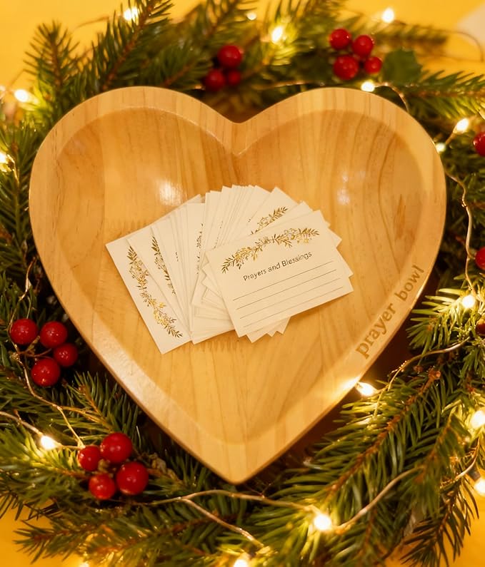 Heart Prayer Bowl with Blessing Cards, Handcrafted Wooden Christian Gift for Women, Men - Meditation, Birthday, Retirement, Easter Keepsake for Mom, Dad