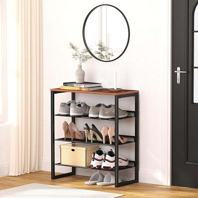 Industrial Shoe Rack - Sturdy Steel Entryway Shoe Organizer with Spacious Top - Strong Mesh Shoe Storage Shelves - Adjustable Shoe Stand for Closet Organization (4-Tier)