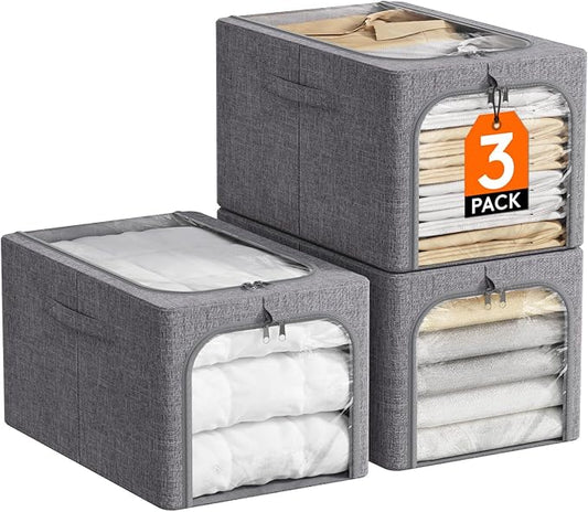 Lifewit Clothes Storage Bins with Metal Frame 3 Pack, Fabric Stackable Storage Bags with Lids, Zipper, Foldable Clost Organizers Containers for Clothing, Blanket, Winter Cloth, 40L