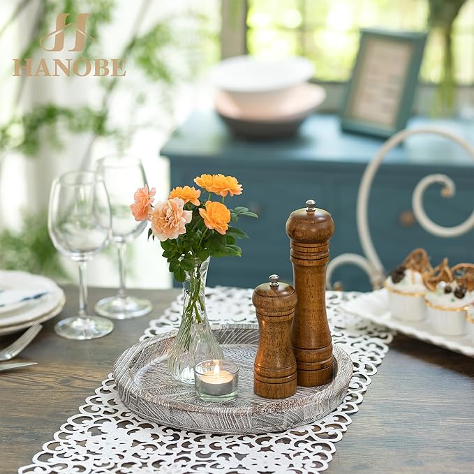 Hanobe Decorative Tray for Coffee Table: Round Candle Plate Holder Centerpieces for Dining Room Kitchen - Wooden Farmhouse Tray Vintage Home Decor