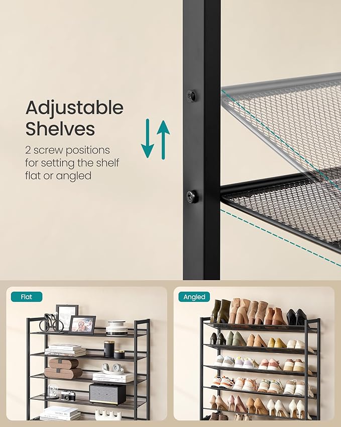 SONGMICS Shoe Rack, 10-Tier Shoe Organizer, Metal Rack for Garage, Set of 2, 5-Tier Stackable Shelf, with Adjustable Flat or Angled Shelves, 40-50 Pairs, Ink Black ULMR010B01