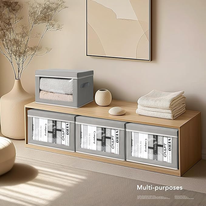 Decorative Bins with Lids - Stackable Cube Bins for Closet, 5 Pack Clear Windows Fabric Organizer Bins, Home Organizers and Storage for Clothes, CD, Towels, Grey