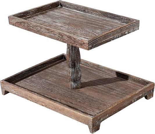 Farmhouse Tiered Tray Stand - Wooden Rustic 2 Tier Rectangular Tray Serving Stand for House Kitchen Cake(Brown)
