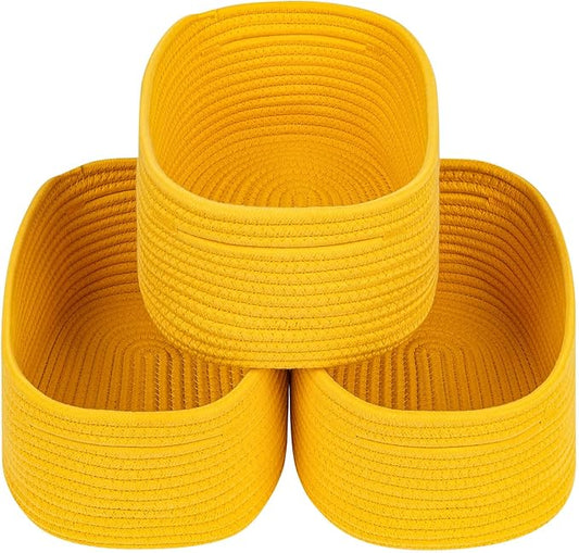 CubesLand Rope Woven Storage Baskets, Small Baby Nursery Organizer Basket, Rectangular Organization/Storage Bins, Closet Shelves Baskets，Empty Gift Basket 3 Packs, Yellow