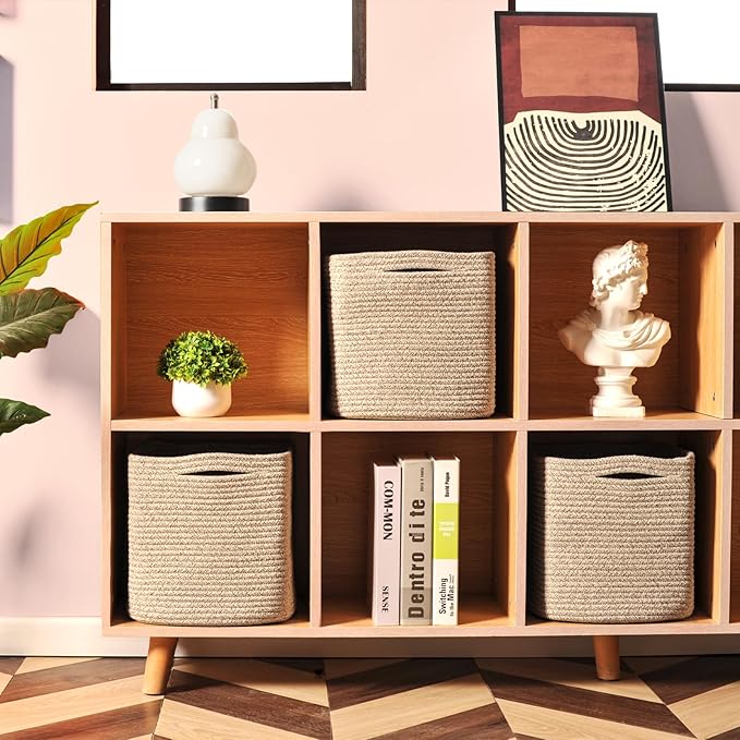 13 Inch Cube Closet Storage Bins, Woven Cotton Rope Organizer Baskets for Organizing & Shelves, Books, Towels, Clothes, Toys, 13x13x13 in, Brown (Pack of 3)