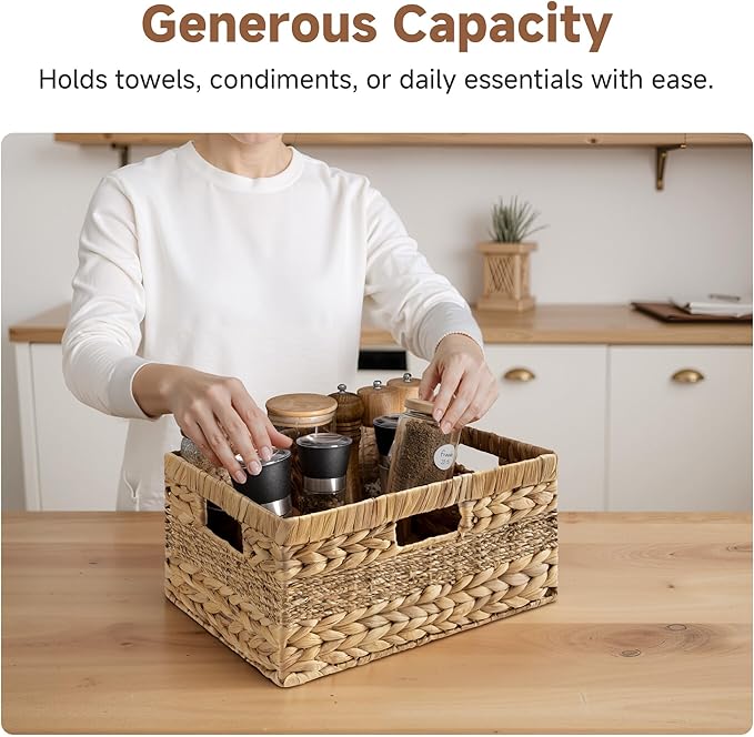 StorageWorks Large Rectangular Wicker Basket, Water Hyacinth and Seagrass Storage Basket with Built-in Handles, 1 Pack