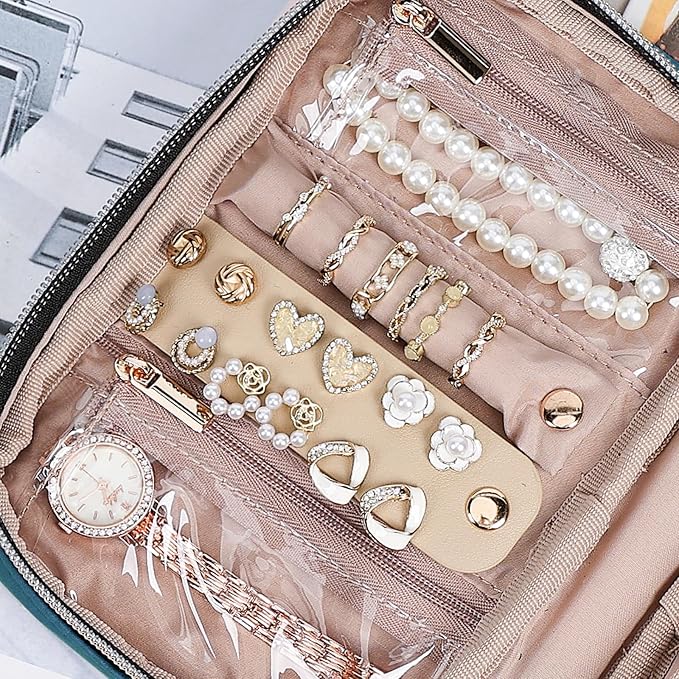 NISHEL Travel Jewelry Case, Holiday Organizer for Necklaces, Earrings, Rings, Bracelets, Watch,Small,Lake-Blue