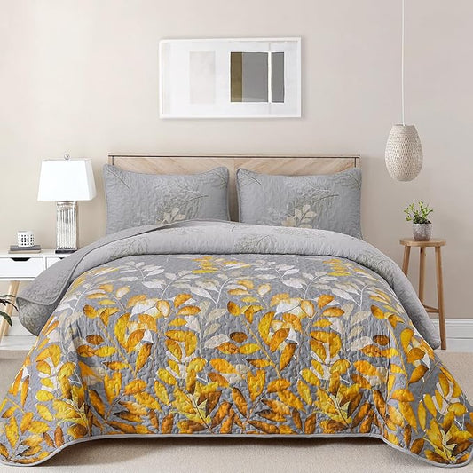 WONGS BEDDING Gold Quilt Set King Size, 3 Pieces Grey Gold Floral Bedspread Coverlet Set, Soft Microfiber Lightweight Floral Bedding Set King 104"×90"