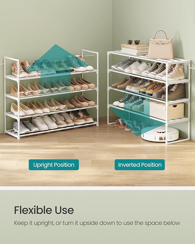 SONGMICS Shoe Rack, 4-Tier Shoe Organizer, Metal Storage Shelf, Upright or Upside Down, for 20-25 Pairs, Stackable, for Entryway, 11.8 x 36.2 x 29.1 Inches, Pearl White ULSA014WK01