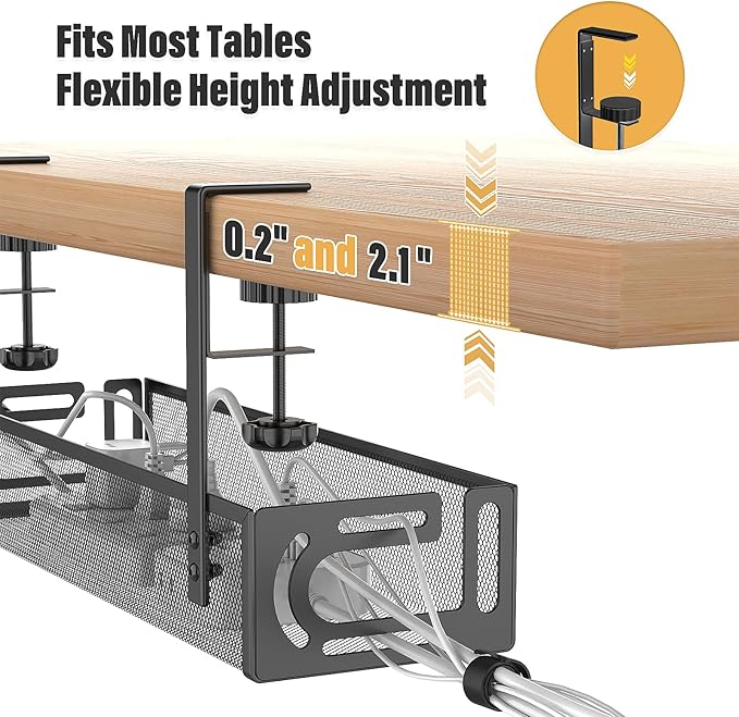 2 Pack Under Desk Cable Management Tray No Drill, Metal Mesh Cable Tray with Clamp for Desk Wire Management, Cord Organizer Box for Office, Home