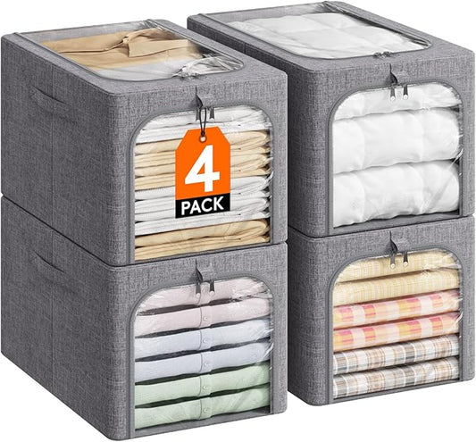 Lifewit Clothes Storage Bins with Metal Frame 4 Pack, Fabric Stackable Storage Bags with Lids, Zipper, Foldable Clost Organizers Containers for Clothing, Blanket, Winter Cloth, 40L