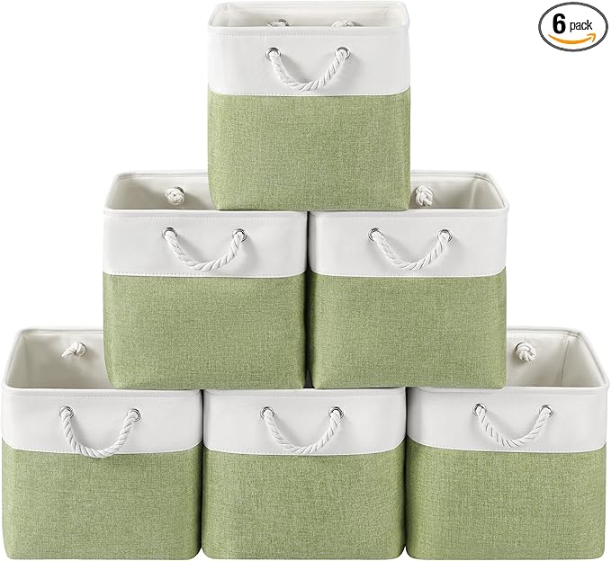 13 x 13 Inch Cube Storage Bins, 6 Pack Fabric Storage Basket with Handles, Foldable Boxes Organizer for Shelf Baskets for Home, Clothes, Toys (White/Green)